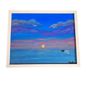Framed Sunset art "On the Open Sea" Handmade acrylic painting